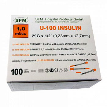 Шприц SFM инсулиновый U-100 трехкомпонентный 1мл с иглой 0,33х12,7-29G №10