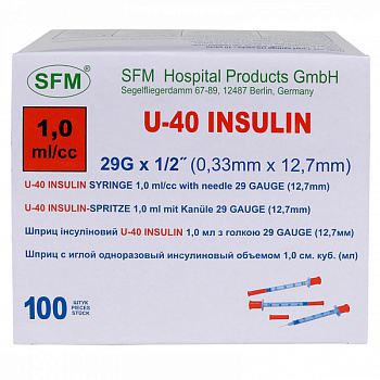 Шприц SFM инсулиновый U-40 трехкомпонентный 1мл с иглой 0,33х12,7-29G №10